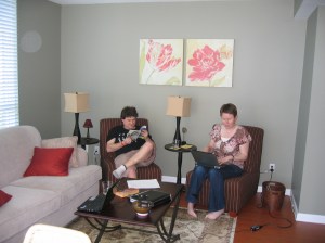 Pauline and Simon working in our Vancouver apartment